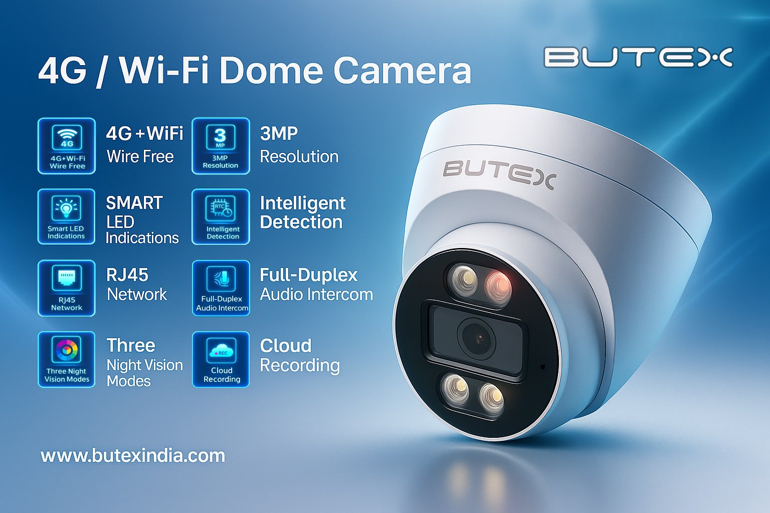 BUTEX Smart Security Camera Wi-FI 3mp CCTV Dome Camera for Home | Shop | Office | Farm | Construction Site | Sim Based Camera (Wi-FI Based 3MP 1296p HD with 4 IR LED) (Copy) - Image 2